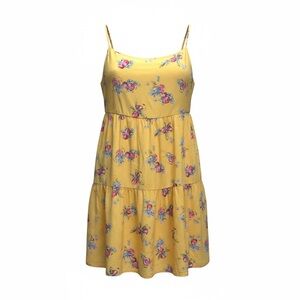 Copper Key Yellow Floral Tiered Mini Dress with Pink & Blue Blossoms